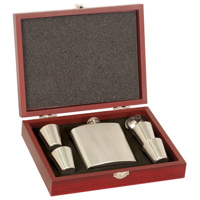 Flask Gift Set in Rosewood Case - Laser Engraved Flexibrass Plate