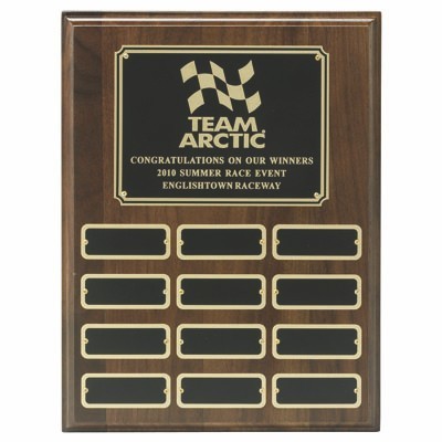 Walnut Finish Multiple Plate Plaque w/12 Black Screened Name Plates (9"x12")