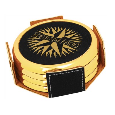 4pcs - 3" Leatherette Round Coaster Set with Gold Trim (w/holder) 4pcs - 3" Leatherette Round Coast