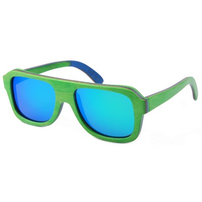 Square Layered Maple Wood Sunglasses - Green Frames & Mirrored Lenses