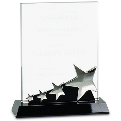 7" Rectangle Crystal Award with Silver Stars on Black Pedestal Base