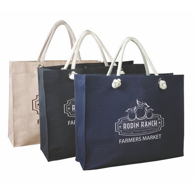 Jute/Cotton Blended Fabric Tote with Magnetic Closure