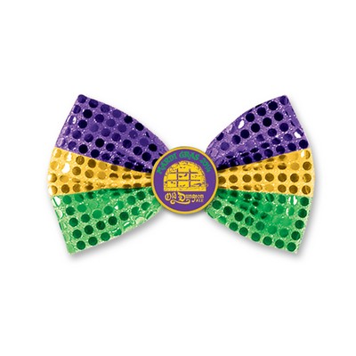 3" x 6-1/2" Glitz 'N Gleam Mardi Gras Bow Tie w/ Custom Printed Faux Leather Icon