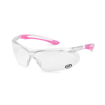 Pink frame, clear lens, Paralax safety glass