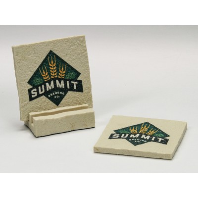 2-Pc Square Limestone-Texture Coaster Set w/Base (UV Print)