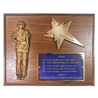 Genuine Walnut Finished Nurse Plaque w/Star & Screened Brass Plate (8" x 10")