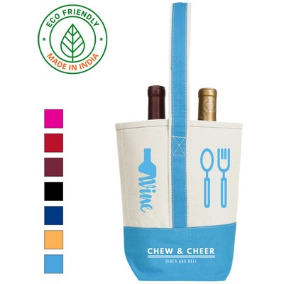 16 oz Cotton Canvas Two Bottle Wine Tote Teal Blue - Eco Friendly Premium Wine Bag 10 x 8.5 x 3.5 in