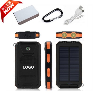 10000mAh Solar Power Bank w/Dual Bright Flashlights & Portable Compass