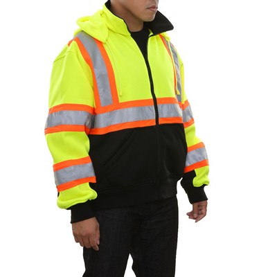 Hi-Vis Full Zip 2-Tone Contrasting X-Back Safety Sweatshirt w/Removable Hood-High Vis Lime Green