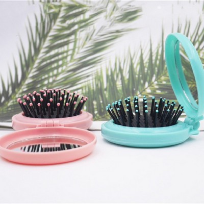 Round Compact Hair Comb w/Mirror