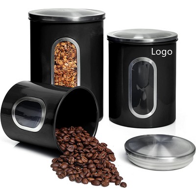 3PC Kitchen Canisters Set Food Sugar Coffee Tea Storage Jars Stainless Steel With Clear Window