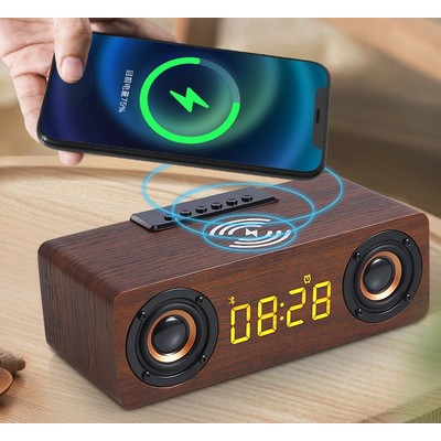 Wooden Alarm Clock with 10W Wireless Charger & Speakers