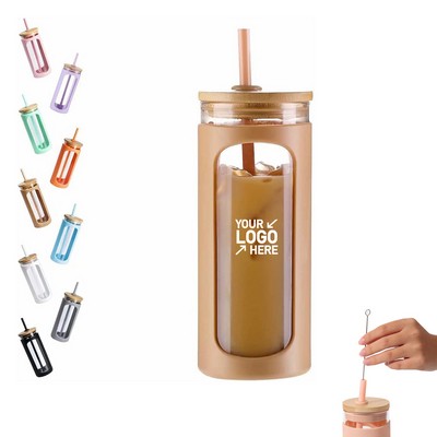 20Oz Glass Water Tumble With Bamboo Lid And Straw