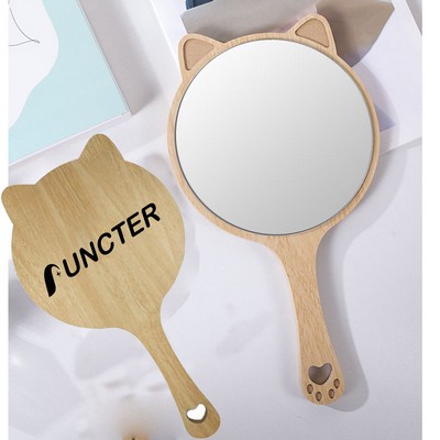 Cat Shape Wood Handheld Mirror Makeup Mirror - Size M