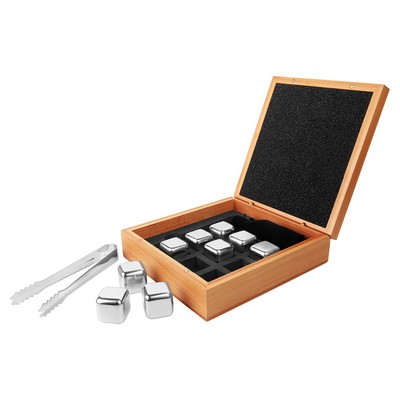 6 1/4" x 6 3/4" Stainless Steel Whiskey Stone Set in Bamboo Case