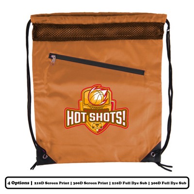 Solid Color Mesh-Top Polyester Drawstring Bag With Slant-Zip Pocket - Screen Print, Heat Press