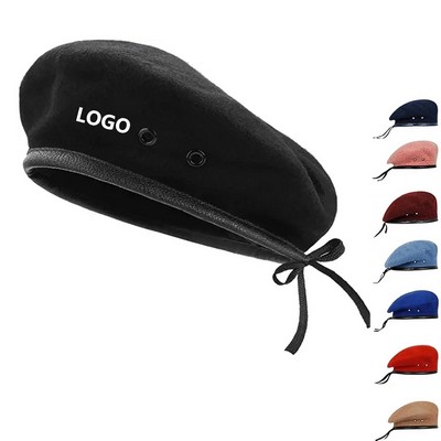 Men Faux Leather Trim Wool Blend Berets