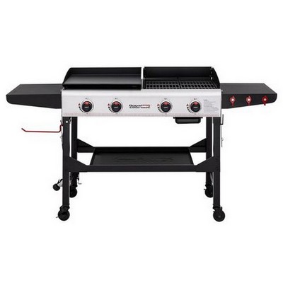 Keg Products Black/Silver 4-Burner Gas Grill & Griddle Combo w/Foldable Wind Deflector