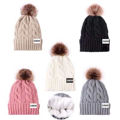 Fleece Lined Beanie Hat with Faux Fur Pom