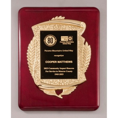 Rosewood Piano Finish Plaque with Gold Finished Scroll Frame Casting, 11 x 15"