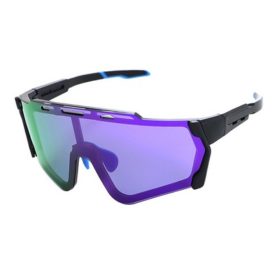 Goggle Sunglasses - Blue Mirror Lenses - Black and Blue Frames