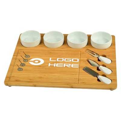 Bamboo Cheese Board Set With 4 Ceramic Bowls And Knives