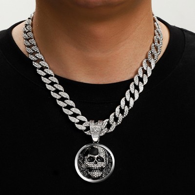 Silver Cuban Chain Silver Skull Pendant Necklace Diamond Studded Necklace