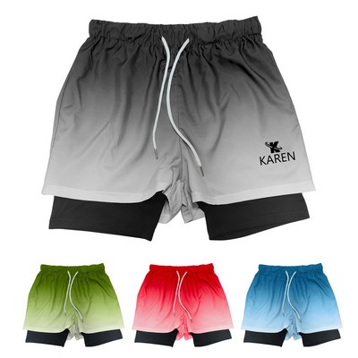 Mens 2-in-1 Quick-Dry Gradient Shorts w/ Secure Zip Pocket