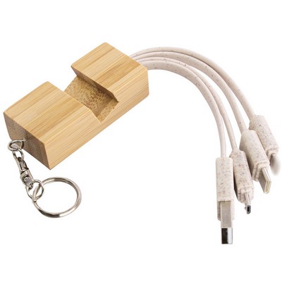 Eco-Friendly Wheat Straw and Bamboo Charging Cable Keychain With Phone Stand