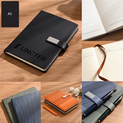 A5 Stripe Bound Cover Notebook Premium Hardcover Journal w/ Magnetic Clasp Meeting Note Pad Pen Loop