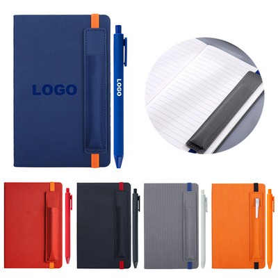 A5 Leather Striped Notebook With Matching Color Pen