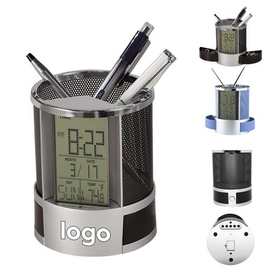 Leather Pen Holder with LCD Clock and Thermometer