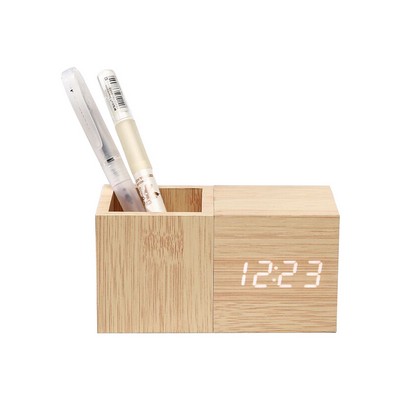 Digital Wooden LED Alarm Clock with Pen Holder