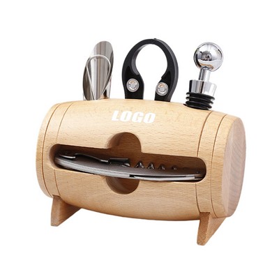 4 in 1 Wooden Barrel Wine Opener with Corkscrew Serrated Blade