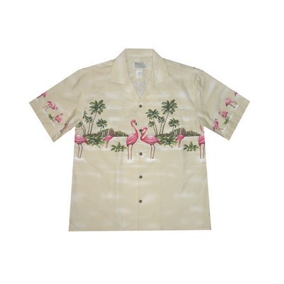 Cream Hawaiian Border Print Cotton Poplin Shirt w/ Button Front