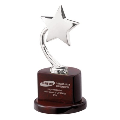 Trophy Award - Flying Silver Metal Star on High Gloss Piano Wood Finish Stand