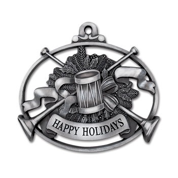 Pewter Finish Happy Holidays Bugles & Drum Stock Ornament