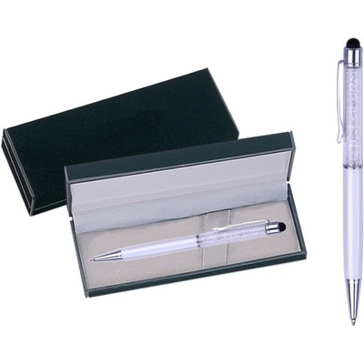 Crystal Stylus pen / ball point pen in black velvet gift box - White