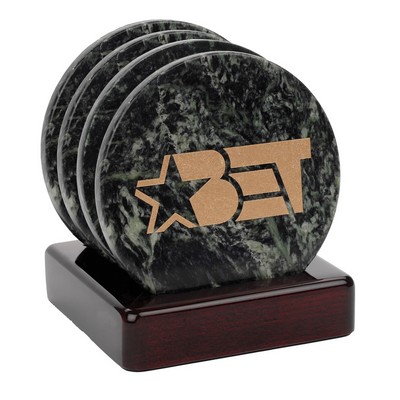 4 Piece Green Marble Coaster Set with Mahogany Piano Wood Finish Wooden Holder