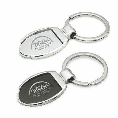 Stylish keychain in polished chrome finish, with mirror-like middle insert