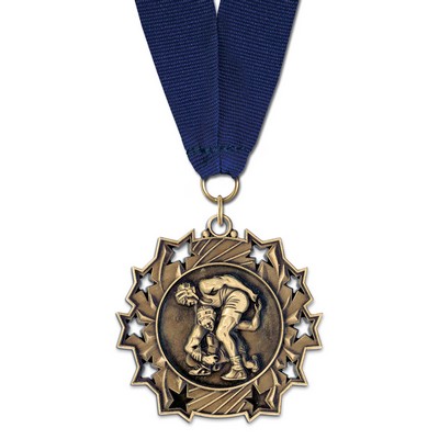 2 1/4" Wrestling TS Medal w/ Grosgrain Neck Ribbon