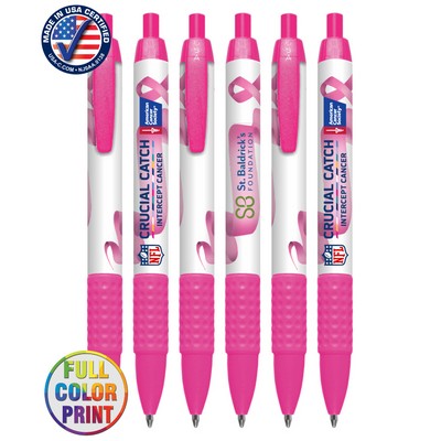 Union Printed - USA Made - Breast Cancer - Wide Body Click Pen with Colored Trim and Rubber Grip - F