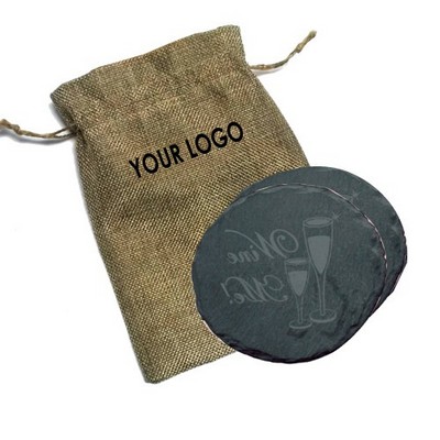 Round Slate Coaster In Burlap Bag