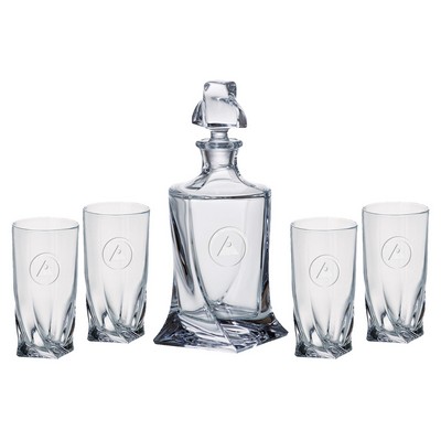 Quadro Decanter (28.75 oz.) with Four Matching (11.75 oz.) Quadro Highball Glasses (5 Piece Set)