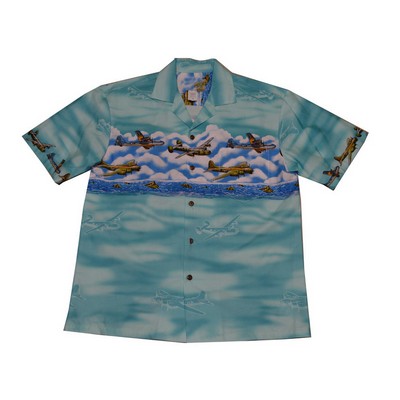 Hawaiian Tropical Military Border Print Cotton Shirt / Airplanes - Circa WWII