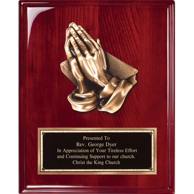 Rosewood Piano Finish Plaque with Cast Metal "Praying Hands", 8"x10"