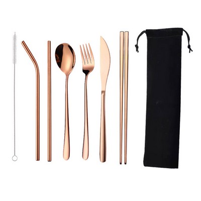 7-Piece 304 Stainless Steel Flatware Chopstick Spoon Straw Fork Knife Tableware Set W/Bag(Rose Gold)