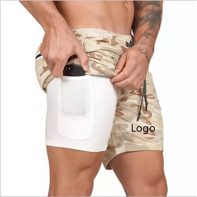 Men's 2 in 1 Running Shorts Gym Workout Quick Dry Mens Short Pants with Phone Pocket