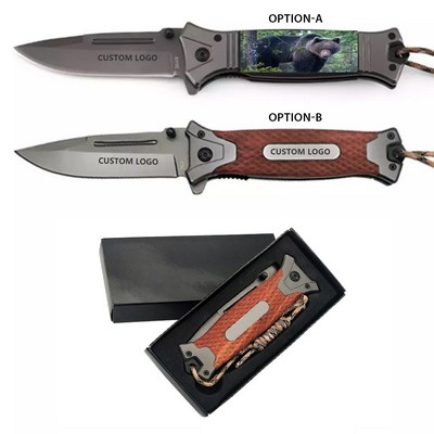 Wood Folding Tactical Pocket Knife With Stainless Steel Blade With Clip