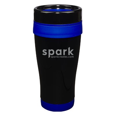 14 Oz. Formula Seven Stainless Steel Travel Mug with Black Lid And Blue Accents